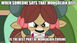 Size: 888x499 | Tagged: safe, edit, edited screencap, imported from derpibooru, screencap, yona, yak, a matter of principals, angry, bow, caption, cloven hooves, cute, hair bow, image macro, madorable, meme, mongolia, monkey swings, text, yonadorable