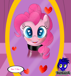 Size: 3840x4154 | Tagged: safe, alternate version, artist:damlanil, imported from derpibooru, pinkie pie, earth pony, pony, blushing, carousel boutique, catsuit, clothes, comic, cute, diapinkes, female, happy, heart, heart eyes, latex, latex suit, looking at you, mare, mirror, open mouth, rubber, shine, shiny, simple background, smiling, spy, suit, text, vector, wingding eyes