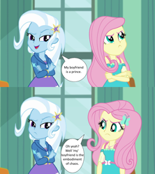 Size: 1280x1440 | Tagged: safe, edit, edited screencap, imported from derpibooru, screencap, fluttershy, trixie, a little birdie told me, equestria girls, equestria girls series, crossed arms, implied bluetrix, implied discoshy, implied shipping, implied straight, speech bubble, window