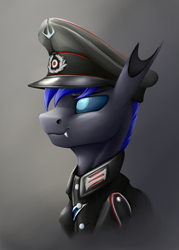 Size: 1500x2100 | Tagged: safe, artist:richmay, imported from derpibooru, oc, oc only, oc:mewu, changeling, equestria at war mod, blue changeling, bust, cap, changeling oc, clothes, german, hat, military, military uniform, portrait, solo, uniform, world war ii