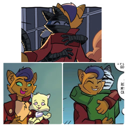 Size: 1280x1280 | Tagged: safe, artist:tonyfleecs, idw, imported from derpibooru, capper dapperpaws, chummer, shadow (g4), abyssinian, spoiler:comic, spoiler:comic96, spoiler:comic97, capperbetes, chest fluff, cute, hug, male, molly, molly (cat), reunion, season 10, shadow (cat)
