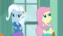 Size: 1280x720 | Tagged: safe, edit, edited screencap, imported from derpibooru, screencap, fluttershy, trixie, a little birdie told me, equestria girls, equestria girls series, angry, crossed arms, window