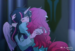 Size: 1028x703 | Tagged: safe, artist:lzjian79, imported from derpibooru, pinkie pie, twilight sparkle, alicorn, anthro, earth pony, human, my little pony: the movie, anime, blushing, clothes, eyes closed, female, hug, humanized, lesbian, shipping, twinkie