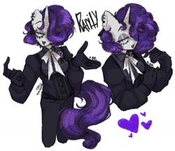 Size: 1025x884 | Tagged: safe, artist:brlckson, imported from derpibooru, rarity, anthro, unicorn, alternate hairstyle, clothes, ear piercing, earring, eyeshadow, gloves, hand, heart, jewelry, lipstick, makeup, piercing, signature, text