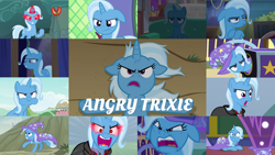 Size: 1280x720 | Tagged: safe, edit, edited screencap, editor:quoterific, imported from derpibooru, screencap, trixie, pony, unicorn, magic duel, no second prances, road to friendship, student counsel, to where and back again, uncommon bond, amulet, angry, aweeg*, cape, clothes, collage, crying, cute, ears back, evil, female, floppy ears, glowing horn, hat, horn, jewelry, madorable, magic, magic aura, messy mane, nom, open mouth, school of friendship, solo, tears of anger, teeth, trixie's cape, trixie's hat, yelling