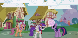 Size: 1084x535 | Tagged: safe, imported from derpibooru, scootaloo, twilight sparkle, oc, oc:absentia, oc:milly, alicorn, pegasus, pony, fanfic:pegasus device, adventures in ponyville, clothes, cloud, cloudy, cutscene, flower, flower in hair, game, glasses, magic, older, older scootaloo, orange pony, pegasus device, ponyville, purple mane, rainbow dash's cloud bump, saddle, scarf, shade, sparkles, tack, twilight sparkle (alicorn), what if, wings