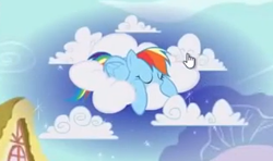 Size: 319x189 | Tagged: safe, imported from derpibooru, rainbow dash, pegasus, pony, adventures in ponyville, arrow, cloud, female, game, game screencap, glow, glowing, lying down, lying on a cloud, mare, multicolored hair, on a cloud, ponyville, prone, rainbow hair, sleeping, sleeping on a cloud, solo, sparkles
