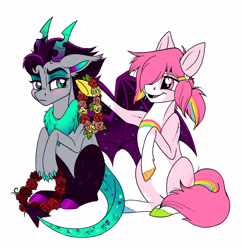Size: 6103x6312 | Tagged: safe, artist:celestial-rainstorm, imported from derpibooru, oc, oc only, oc:caring heart, oc:mirage, earth pony, pony, absurd resolution, augmented tail, female, floral head wreath, flower, horns, mare, simple background, white background