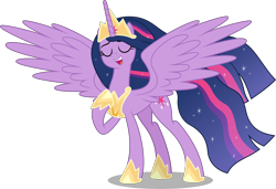 Size: 10000x6845 | Tagged: safe, artist:chrzanek97, artist:yanoda, imported from derpibooru, imported from ponybooru, twilight sparkle, alicorn, pony, the last problem, .svg available, absurd resolution, crown, ethereal mane, ethereal tail, eyes closed, female, hoof shoes, inkscape, jewelry, mare, older, older twilight, open mouth, peytral, pointing at self, princess twilight 2.0, raised hoof, raised leg, regalia, simple background, singing, starry mane, starry tail, the magic of friendship grows, transparent background, twilight sparkle (alicorn), vector