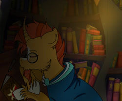 Size: 1280x1067 | Tagged: safe, artist:alebheis, imported from derpibooru, sunburst, pony, unicorn, book, bookshelf, cheek fluff, library, sleeping, solo