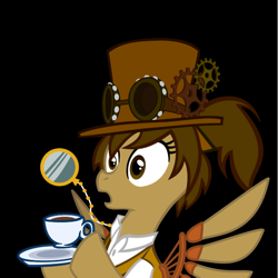 Size: 586x585 | Tagged: safe, artist:whgoops, imported from derpibooru, oc, oc only, oc:abby sprocket, pegasus, pony, clothes, cup, food, gears, goggles, hat, monocle, monocle and top hat, ponytail, shocked, shocked expression, steampunk, tea, top hat