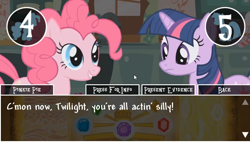 Size: 848x480 | Tagged: safe, imported from derpibooru, screencap, pinkie pie, twilight sparkle, earth pony, pony, unicorn, ace attorney, confrontation, demo, dialogue, element of generosity, element of honesty, element of kindness, element of laughter, element of loyalty, element of magic, elements of harmony, game, my little investigations, numbers, smiling, sugarcube corner, unicorn twilight