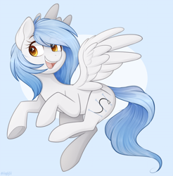 Size: 1200x1221 | Tagged: safe, artist:higgly-chan, imported from derpibooru, oc, oc only, oc:vector cloud, pegasus, pony, cute, female, flying, ocbetes, open mouth, pegasus oc, smiling, solo, spread wings, wings