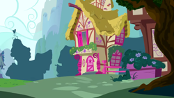 Size: 1280x720 | Tagged: safe, imported from derpibooru, screencap, bridle gossip, season 1, background, cloud, day, flower, no pony, ponyville, scenic ponyville