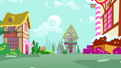 Size: 1280x720 | Tagged: safe, imported from derpibooru, screencap, bridle gossip, season 1, background, cloud, no pony, ponyville, scenic ponyville, sugarcube corner