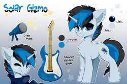 Size: 6050x4000 | Tagged: safe, artist:xsatanielx, imported from derpibooru, oc, oc only, oc:solar gizmo, pony, unicorn, chest fluff, clothes, commission, ear fluff, horn, looking at you, male, one eye closed, reference sheet, scarf, simple background, stallion, tail, two toned mane, two toned tail, unicorn oc, wink, winking at you