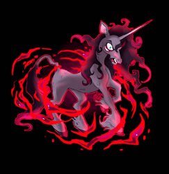 Size: 1024x1055 | Tagged: safe, artist:tuherrus, imported from derpibooru, oleander, classical unicorn, unicorn, them's fightin' herds, angry, black background, cloven hooves, community related, dark magic, female, four eyes, leonine tail, magic, nightmare fuel, oleander (tfh), open mouth, simple background, solo, unshorn fetlocks