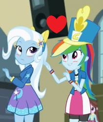 Size: 346x410 | Tagged: safe, edit, edited screencap, imported from derpibooru, screencap, rainbow dash, trixie, equestria girls, friendship games, blushing, cropped, female, heart, lesbian, shipping, trixdash