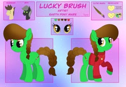 Size: 2201x1512 | Tagged: safe, artist:dyonys, imported from derpibooru, oc, oc:angelo, oc:lucky brush, oc:night chaser, earth pony, pony, braid, clothes, cutie mark, female, freckles, heart, jewelry, locket, mare, necklace, reference sheet, sweater, text, turtleneck