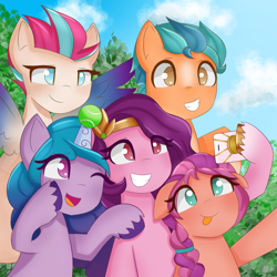 Size: 1920x1920 | Tagged: safe, artist:sunnyroop23, imported from derpibooru, hitch trailblazer, izzy moonbow, pipp petals, sunny starscout, zipp storm, earth pony, pegasus, pony, unicorn, adorapipp, adorazipp, ball, braid, cellphone, cloud, colored wings, cute, eyelashes, female, g5, hitchbetes, hoof hold, horn, horn guard, horn impalement, hornball, izzy's tennis ball, izzybetes, male, mane five (g5), mare, multicolored wings, one eye closed, phone, raised hoof, selfie, sky, smartphone, smiling, spread wings, stallion, sunnybetes, teeth, tennis ball, tongue out, tree, unshorn fetlocks, wall of tags, wings, wink