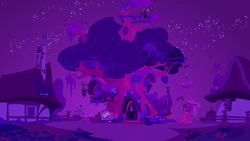 Size: 1280x720 | Tagged: safe, imported from derpibooru, screencap, bridle gossip, season 1, background, golden oaks library, night, no pony, ponyville, scenic ponyville, stars