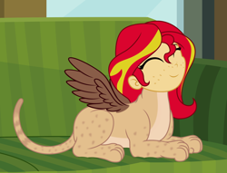 Size: 2688x2056 | Tagged: safe, artist:badumsquish, derpibooru exclusive, imported from derpibooru, sunset shimmer, monster girl, sphinx, equestria girls, couch, cub, cute, eyes closed, female, freckles, high res, looking up, lying down, peppered bacon, prone, shimmerbetes, smiling, solo, species swap, sphinxified, spots, spread wings, striped tail, two toned coat, two-tone coat, wings, younger