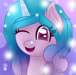 Size: 1412x1384 | Tagged: safe, artist:glorysiamelodyyt, imported from derpibooru, izzy moonbow, pony, unicorn, abstract background, bust, cute, ear fluff, eyelashes, female, g5, izzybetes, looking at you, mare, one eye closed, open mouth, portrait, solo, wink