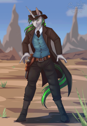 Size: 829x1200 | Tagged: safe, artist:sunny way, imported from derpibooru, oc, oc only, anthro, pony, unguligrade anthro, unicorn, anthro pony, art, artwork, boots, clothes, cloud, cowboy, cowboy hat, day, desert, digital art, duel, finished commission, finishedcommission, grass, gun, gunslinger, handgun, hat, horn, jacket, looking at you, male, my little pony, necktie, outdoors, pants, ready, revolver, shirt, shoes, sky, solo, solo male, stallion, standing, vest, weapon, wild west, wildwest