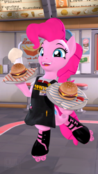 Size: 2160x3840 | Tagged: safe, artist:owlpirate, imported from derpibooru, pinkie pie, earth pony, pony, 3d, apron, bipedal, burger, cheeseburger, clothes, food, hamburger, high res, meat, milkshake, open mouth, ponies eating meat, roller skates, smiling, solo, source filmmaker, standing, standing on one leg, waitress