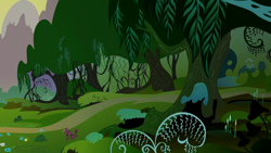 Size: 1280x720 | Tagged: safe, imported from derpibooru, screencap, bridle gossip, season 1, background, everfree forest, mountain, no pony, scenic ponyville, tree