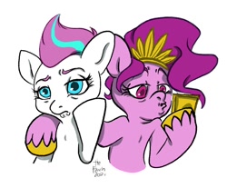 Size: 1074x888 | Tagged: safe, artist:ilcerbiastrello, imported from derpibooru, pipp petals, zipp storm, pegasus, pony, cellphone, duo, female, g5, hoof hold, mare, phone, selfie, siblings, signature, simple background, sisters, smartphone, unshorn fetlocks, white background