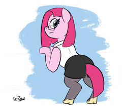 Size: 2475x2131 | Tagged: safe, artist:datzigga, imported from derpibooru, pinkie pie, earth pony, pony, clothes, glasses, high heels, high res, looking back, pencil skirt, pinkamena diane pie, shoes, skirt, sleeveless, solo