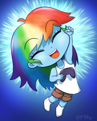 Size: 960x1200 | Tagged: safe, artist:empyu, imported from derpibooru, imported from ponybooru, part of a set, rainbow dash, equestria girls, blue background, chibi, clothes, controller, cute, dashabetes, eyes closed, female, gradient background, open mouth, shorts, simple background, socks, solo, tanktop, younger