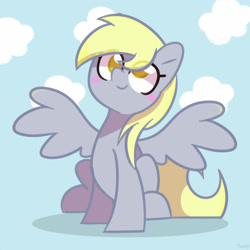 Size: 3800x3800 | Tagged: safe, artist:tokkii, artist:twxly, imported from derpibooru, derpy hooves, pegasus, pony, blush sticker, blushing, cute, derpabetes, female, high res, mare, no pupils, sitting, solo