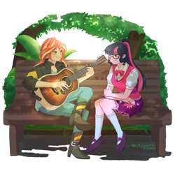 Size: 1409x1380 | Tagged: safe, artist:lzjian79, imported from derpibooru, sci-twi, sunset shimmer, twilight sparkle, equestria girls, bench, blushing, boots, clothes, crossed legs, duo, eyebrows, eyebrows visible through hair, female, glasses, guitar, lesbian, looking at each other, musical instrument, scitwishimmer, shipping, shoes, sitting, smiling, smiling at each other, socks, sunsetsparkle