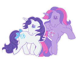 Size: 555x495 | Tagged: artist needed, safe, artist:conphettey, edit, imported from derpibooru, rarity, twilight sparkle, alicorn, pony, unicorn, bow, duo, duo female, duo focus, female, female focus, females only, g1, g4, g4 to g1, generation leap, simple background, solo focus, spread wings, tail bow, transparent background, twilight sparkle (alicorn), vector, white outline, wings