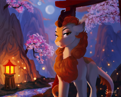 Size: 3000x2400 | Tagged: safe, artist:silentwulv, imported from derpibooru, autumn blaze, firefly (insect), insect, kirin, cherry blossoms, crescent moon, female, flower, flower blossom, high res, lantern, lidded eyes, moon, night, river, solo, stream, torii, water