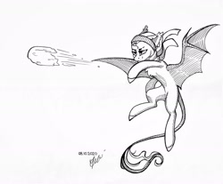 Size: 1920x1587 | Tagged: safe, artist:alrumoon.art, artist:alrumoon_art, imported from derpibooru, oc, oc only, oc:alruna moonrise, bat pony, pony, black and white, chest fluff, clothes, eyebrow slit, eyebrows, flying, grayscale, hat, hatching, hatching (technique), leonine tail, monochrome, scarf, signed, simple background, snow, snowball, solo, throwing