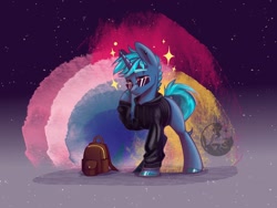 Size: 1920x1440 | Tagged: safe, artist:alrumoon.art, artist:alrumoon_art, imported from derpibooru, oc, oc only, pony, unicorn, abstract background, backpack, clothes, hoodie, solo, sparkles, sunglasses