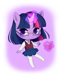 Size: 1296x1579 | Tagged: safe, artist:misssqueorge, imported from derpibooru, part of a set, twilight sparkle, anthro, unicorn, ambiguous facial structure, book, chibi, clothes, colored pupils, cute, female, glasses, looking at you, magic, pleated skirt, skirt, socks, solo, stockings, sweater vest, telekinesis, thigh highs, twiabetes, unicorn twilight