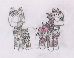 Size: 3759x2944 | Tagged: safe, artist:foxtrot3, imported from derpibooru, earth pony, pony, armor, armored pony, duo, featureless, high res, monster hunter, monster hunter rise, rathalos armor, rathian armor, visor