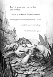 Size: 1548x2217 | Tagged: safe, artist:alrumoon.art, artist:alrumoon_art, imported from derpibooru, oc, oc only, oc:alruna moonrise, bat pony, pony, blood, grayscale, hatching (technique), injured, monochrome, poetry, solo, traditional art