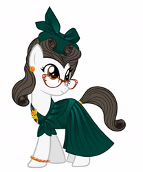 Size: 1280x1536 | Tagged: safe, artist:mylittlepastafarian, imported from derpibooru, raven, writing desk, earth pony, pony, unicorn, bracelet, clothes, dress, ear piercing, earring, female, glasses, green dress, hat, jewelry, makeover, mare, piercing, pillbox hat