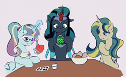 Size: 3112x1908 | Tagged: safe, artist:drafthoof, imported from derpibooru, carrot top, cloudy quartz, derpy hooves, golden harvest, king sombra, mayor mare, minuette, nightmare moon, posey shy, queen chrysalis, twilight velvet, windy whistles, oc, oc only, oc:earthing elements, oc:empress sacer malum, oc:queen fresh care, alicorn, changeling, changeling queen, hybrid, pony, alicorn oc, alicorn princess, bowl, changeling oc, changeling queen oc, collar, commission, commissioner:bigonionbean, curious, easter, easter egg, egg, female, fusion, fusion:carrot top, fusion:cloudy quartz, fusion:derpy hooves, fusion:earthing elements, fusion:empress sacer malum, fusion:golden harvest, fusion:king sombra, fusion:mayor mare, fusion:minuette, fusion:nightmare moon, fusion:posey shy, fusion:queen chrysalis, fusion:queen fresh care, fusion:twilight velvet, fusion:windy whistles, glasses, high res, holiday, horn, jewelry, levitation, magic, mare, painting, parent:cloudy quartz, parent:king sombra, parent:nightmare moon, parent:posey shy, parent:princess luna, parent:queen chrysalis, parent:twilight velvet, parent:windy whistles, queen umbra, regalia, royalty, rule 63, table, telekinesis, trio, wings, writer:bigonionbean