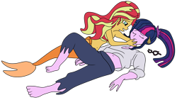 Size: 5160x2900 | Tagged: safe, artist:jadeharmony, artist:jadethepegasus, imported from derpibooru, sci-twi, sunset shimmer, twilight sparkle, mermaid, fanfic:sunset shimmer discovers her feet, equestria girls, bra, clothes, crossover, duo, duo female, duo focus, eyes closed, fanfic, fanfic art, female, glasses, high res, lesbian, mermaidized, mermay, open mouth, scitwishimmer, seashell, seashell bra, shipping, shipping fuel, simple background, species swap, sunsetsparkle, the little mermaid, transparent background, underwear