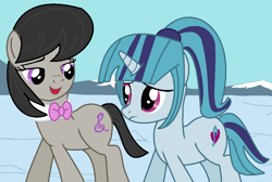 Size: 1045x704 | Tagged: safe, artist:jadeharmony, artist:jadethepegasus, imported from derpibooru, octavia melody, sonata dusk, earth pony, pony, unicorn, the crystal empire, bowtie, duo, equestria girls ponified, female, frown, happy, lesbian, looking at each other, mare, open mouth, open smile, ponified, sad, shipping, smiling, snow, sontavia