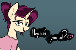 Size: 1774x1172 | Tagged: safe, artist:pinkberry, imported from ponybooru, oc, oc only, oc:mulberry merlot, unicorn, bedroom eyes, clothes, colored sketch, female, freckles, heart, looking at you, shirt, solo, speech, t-shirt, talking, tattoo, text