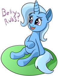 Size: 1632x2114 | Tagged: safe, artist:xppp1n, imported from ponybooru, trixie, pony, unicorn, blue coat, dialogue, female, horn, mare, open mouth, simple background, sitting, solo, text, transparent background, two toned mane, two toned tail, underhoof