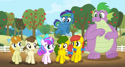 Size: 1600x862 | Tagged: safe, artist:aleximusprime, imported from derpibooru, pound cake, princess flurry heart, pumpkin cake, spike, oc, oc:annie smith, oc:apple chip, oc:storm streak, alicorn, dragon, earth pony, pegasus, pony, unicorn, flurry heart's story, apple, apple tree, bow, cake twins, fat, fat spike, female, filly, filly flurry heart, food, hair bow, offspring, older, older flurry heart, older pound cake, older pumpkin cake, older spike, parent:applejack, parent:oc:thunderhead, parent:rainbow dash, parent:tex, parents:canon x oc, parents:texjack, siblings, sweet apple acres, tree, twins