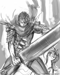 Size: 680x850 | Tagged: safe, artist:johnjoseco, imported from derpibooru, fluttershy, human, pegasus, pony, armor, berserk, crossover, grayscale, guts (berserk), monochrome, sword, weapon